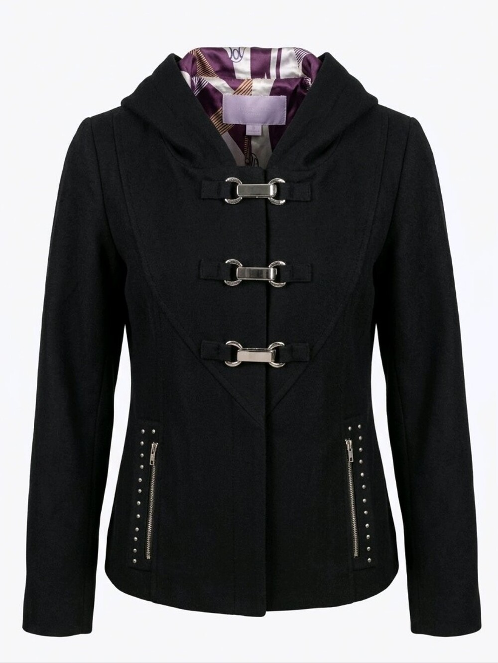 Black Hooded Toggle Pea Coat with Silver Hardware